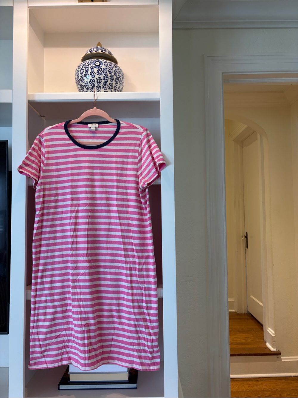 JCrew cotton pink & white stripe short sleeve t-shirt dress.